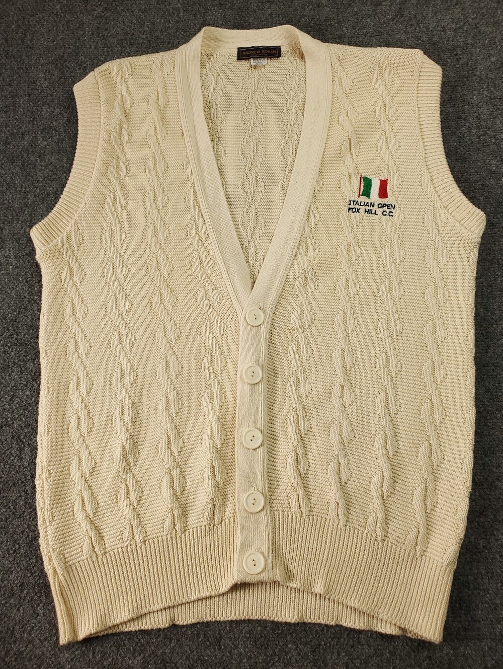 Vintage Andrew Rohan Cardigan Sweater Vest Medium Cable Knit Italian Open Beige